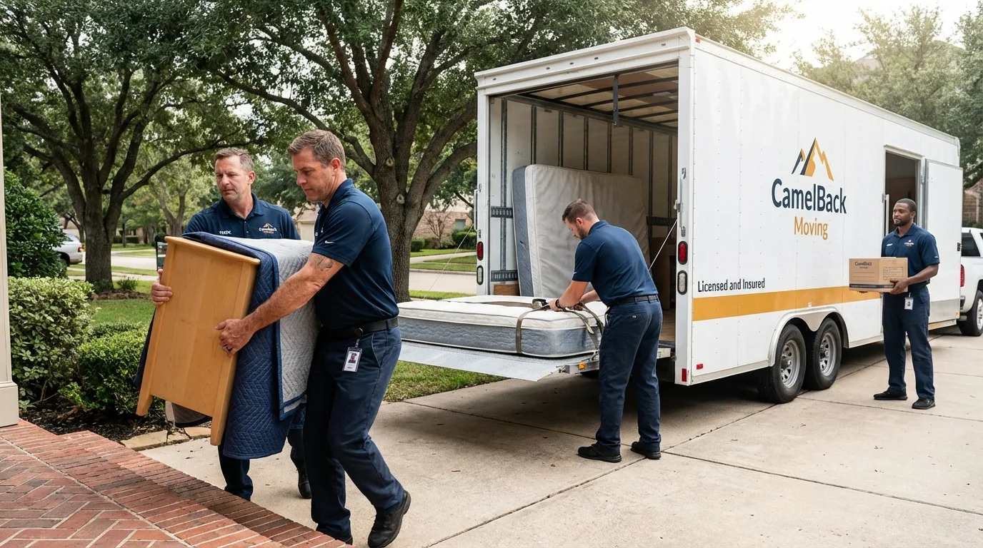 Crew loading residential truck for cross-state move from Zionsville, IN