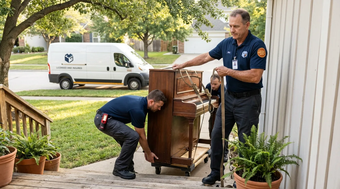 Licensed piano movers securing grand piano in Zionsville, IN