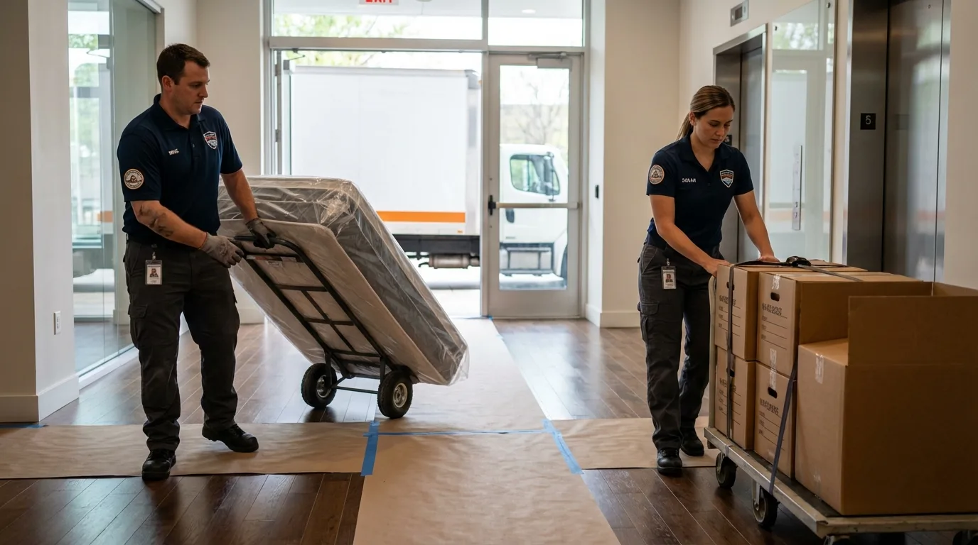 Professional apartment movers loading elevator in Zionsville, IN