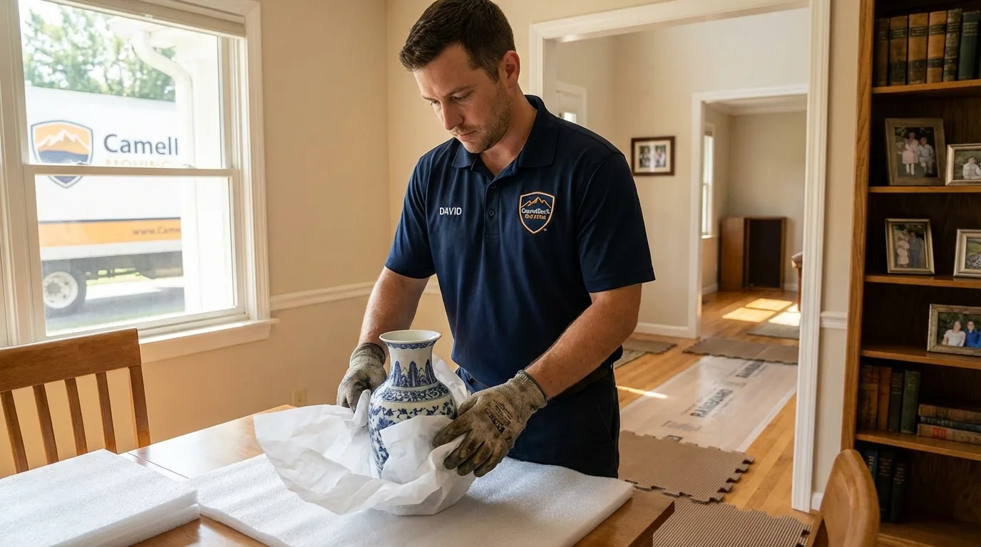 Professional crew carefully wrapping antique vase for senior downsizing move in Zionsville, IN