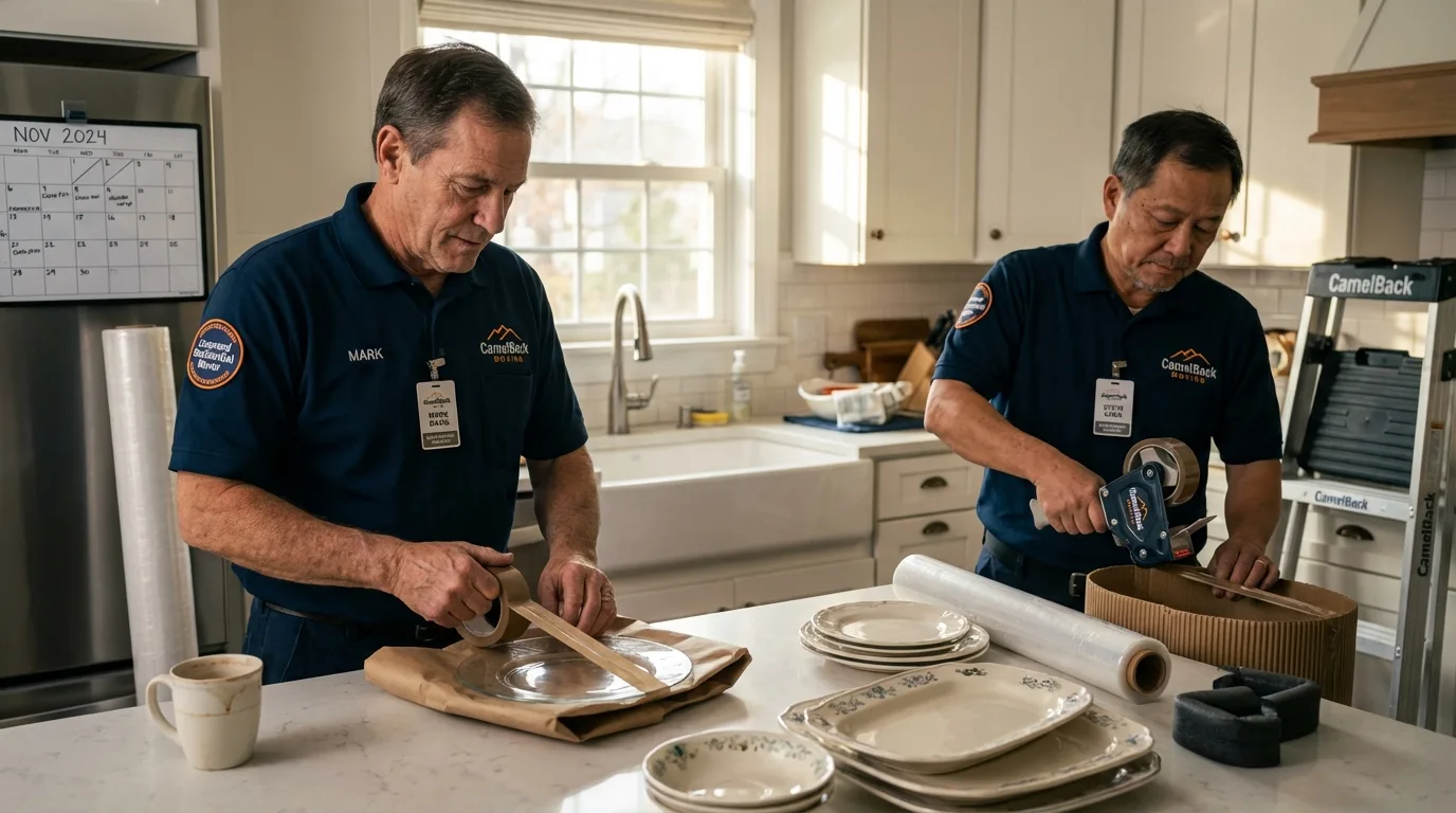 Professional crew packing kitchen dishware in Zionsville, IN